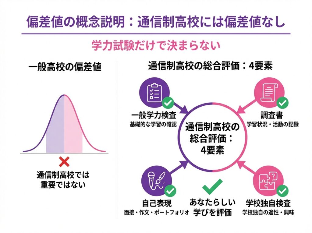 通信制高校に偏差値がない理由を説明するインフォグラフィック。総合評価の4要素(一般学力検査・調査書・自己表現・学校独自検査)を図解し、学力試験だけで合否が決まらないことを示す。パープルとピンクの配色でわかりやすく表現。