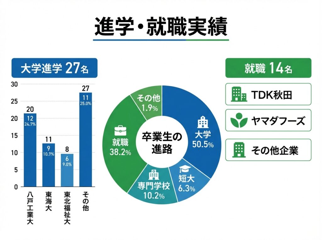 秋田県立秋田明徳館高等学校の進路実績、大学進学27名、就職14名、主な進学先と就職先企業を示すインフォグラフィック