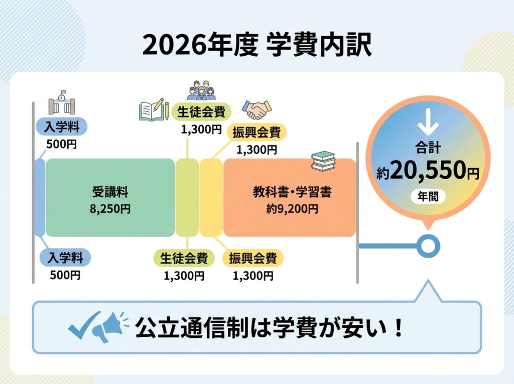 埼玉県立大宮中央高等学校の2026年度学費内訳を示す円グラフまたは棒グラフ。入学料500円、受講料8,250円、生徒会費・振興会費各1,300円、教科書代約9,200円で合計約20,550円。公立通信制の学費の安さを強調するフラットデザイン。