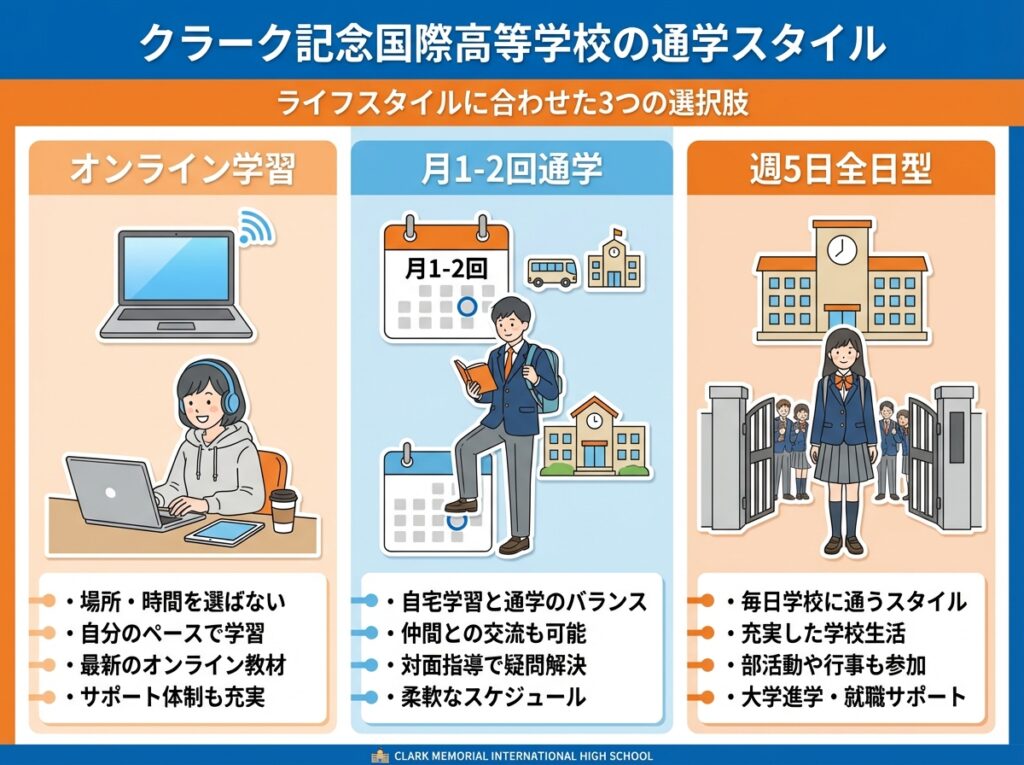 クラーク記念国際高等学校の通学スタイルを紹介するインフォグラフィック。オンライン学習、月1-2回通学、週5日全日型の3つの選択肢を比較