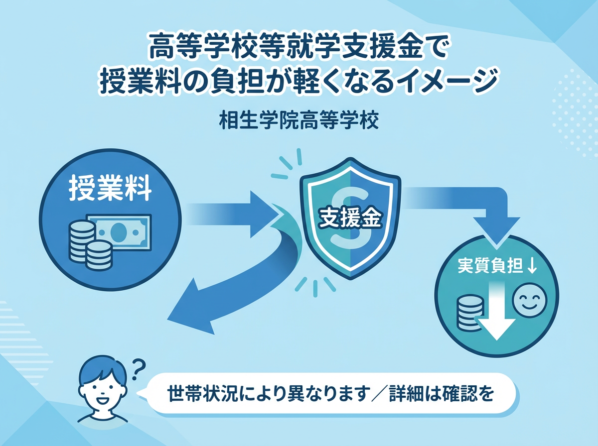 相生学院高等学校の「高等学校等就学支援金」を、授業料から支援へ矢印でつなぎ「実質負担が軽くなる」イメージとして図解（世帯状況で異なる旨の注意付き）