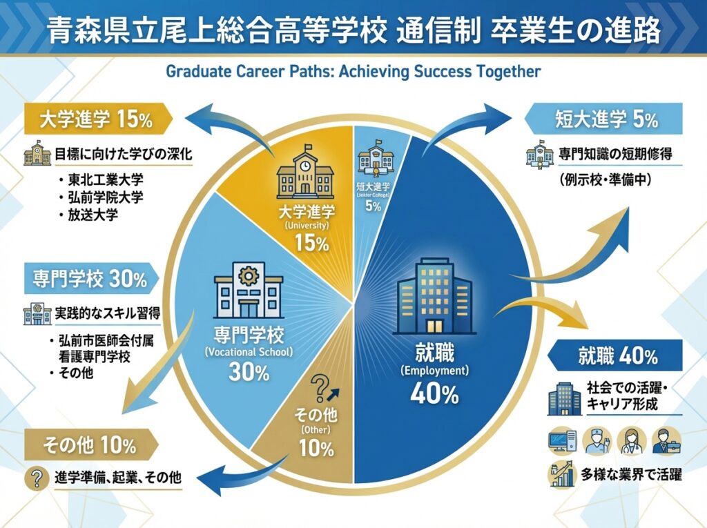 青森県立尾上総合高等学校通信制卒業生の進路実績を示すインフォグラフィック。大学進学15%、短大進学5%、専門学校30%、就職40%、その他10%の割合を視覚化。東北工業大学、弘前学院大学、放送大学などの進学先事例も掲載。
