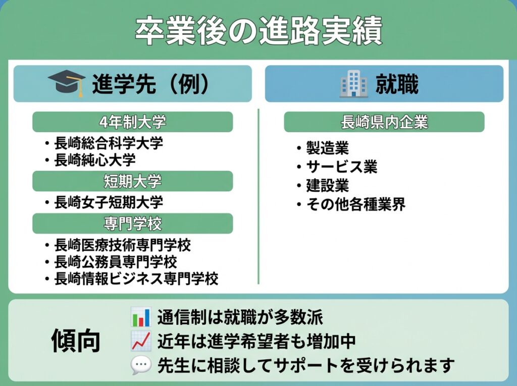 長崎県立鳴滝高等学校卒業後の進路実績を示すインフォグラフィック。進学先には長崎総合科学大学、長崎純心大学などの4年制大学、長崎女子短期大学、長崎医療技術専門学校、長崎公務員専門学校、長崎情報ビジネス専門学校などの専門学校がある。就職は長崎県内企業(製造業、サービス業、建設業など)。通信制は就職が多数派だが、近年は進学希望者も増加中