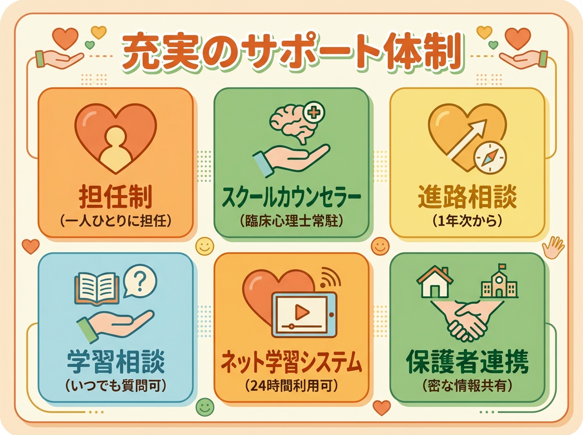 NHK学園高等学校の充実したサポート体制を示すインフォグラフィック。担任制(一人ひとりに担任)、スクールカウンセラー(臨床心理士常駐)、進路相談(1年次から)、学習相談(いつでも質問可)、ネット学習システム(24時間利用可)、保護者連携(密な情報共有)を温かいオレンジと緑のカラーで表示