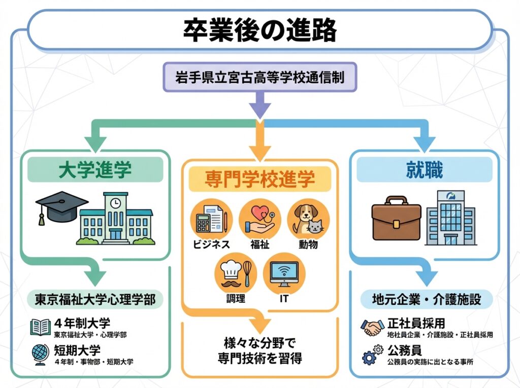 Alt文章: 岩手県立宮古高等学校通信制課程の卒業後進路を3つのパスで表示。大学進学（東京福祉大学など）・専門学校進学（ビジネス/福祉/動物/調理）・就職（地元企業/介護施設）のフローチャート。

