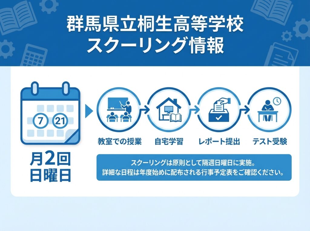 群馬県立桐生高等学校のスクーリング情報インフォグラフィック。月2回日曜日の登校、教室での授業、自宅学習、レポート提出、テスト受験の流れを説明