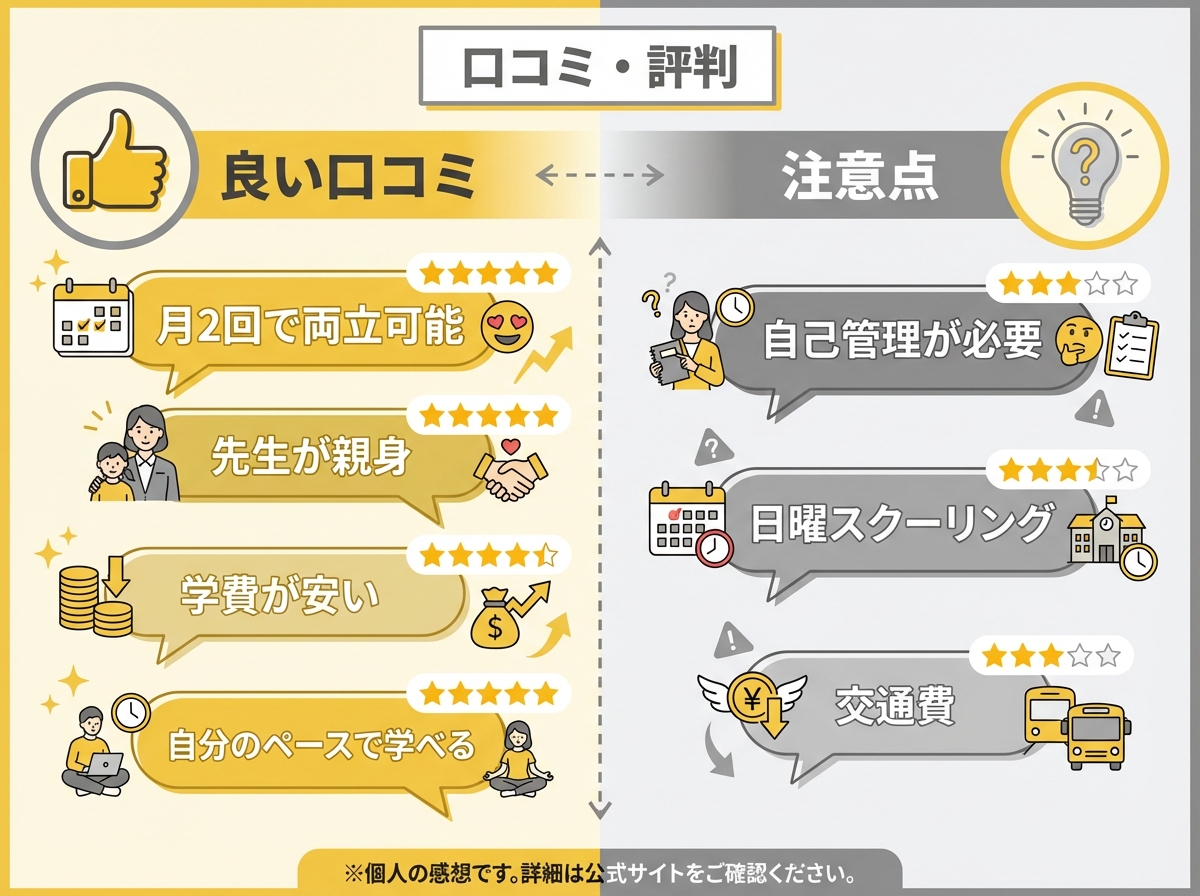 群馬県立太田フレックス高等学校の口コミと評判を示すインフォグラフィック。良い口コミ（月2回で両立可能、先生が親身、学費が安い、自分のペースで学べる）と注意点（自己管理が必要、日曜スクーリング、交通費）を左右に分けて表示。