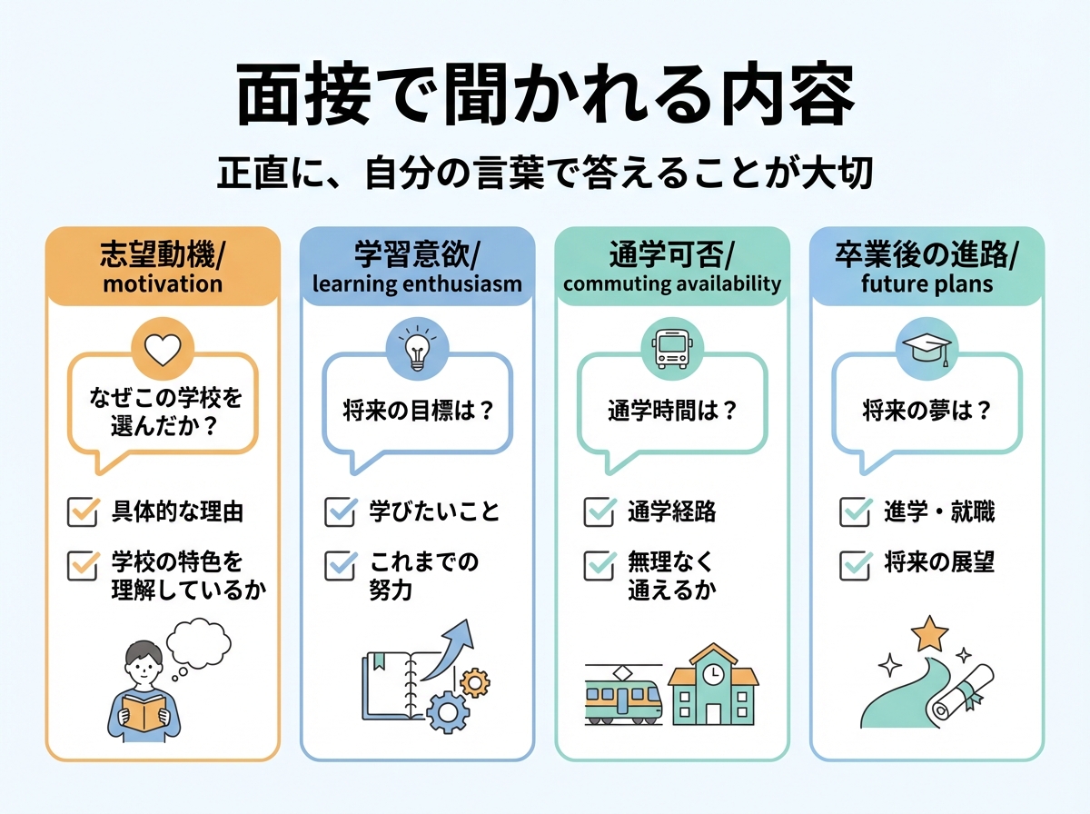 滋賀県立大津清陵高等学校通信制の面接で聞かれる内容、志望動機・学習意欲・通学可否・卒業後の進路、正直に自分の言葉で答えることが大切