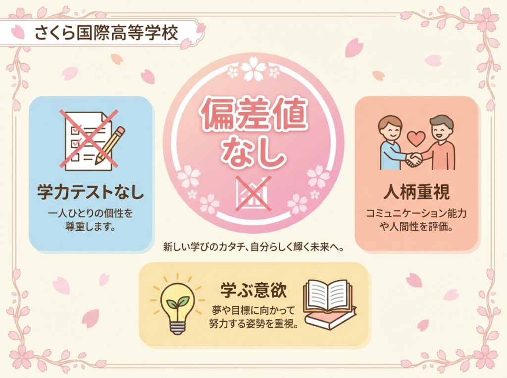 さくら国際高等学校に偏差値がない理由を説明するインフォグラフィック。学力テストなし、人柄重視、学ぶ意欲を重視する入学選考の特徴を桜のアイコンと共に表示