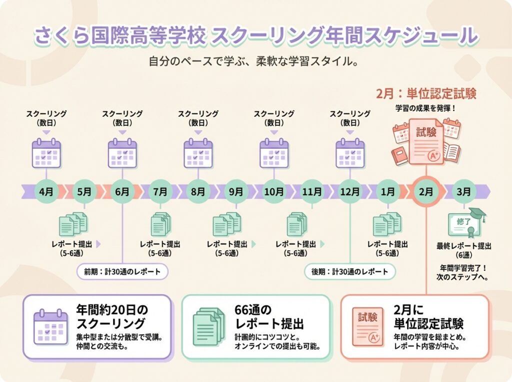 さくら国際高等学校の年間スクーリングスケジュールインフォグラフィック。年間約20日のスクーリング、66通のレポート提出、2月試験をタイムライン形式で表示