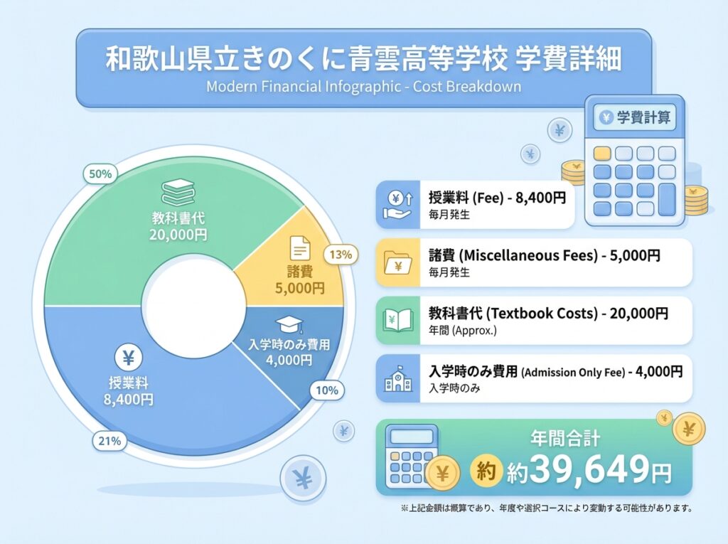 和歌山県立きのくに青雲高等学校の学費詳細:授業料8,400円、諸費5,000円、年間合計約39,649円を示すインフォグラフィック