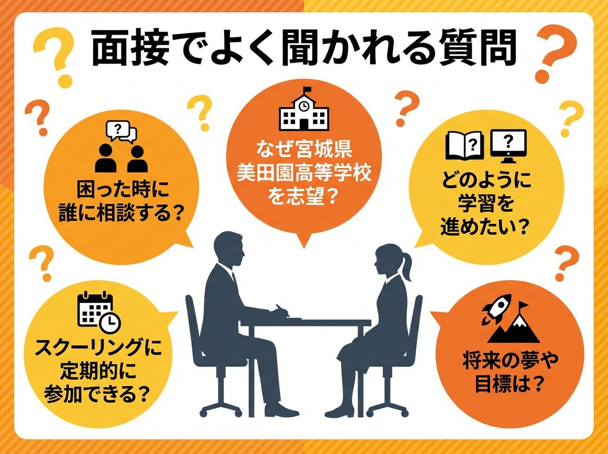 宮城県美田園高等学校の面接でよく聞かれる5つの質問。志望理由、学習の進め方、将来の夢や目標、スクーリング参加可否、相談相手について面接官と生徒のシルエットとともに表示