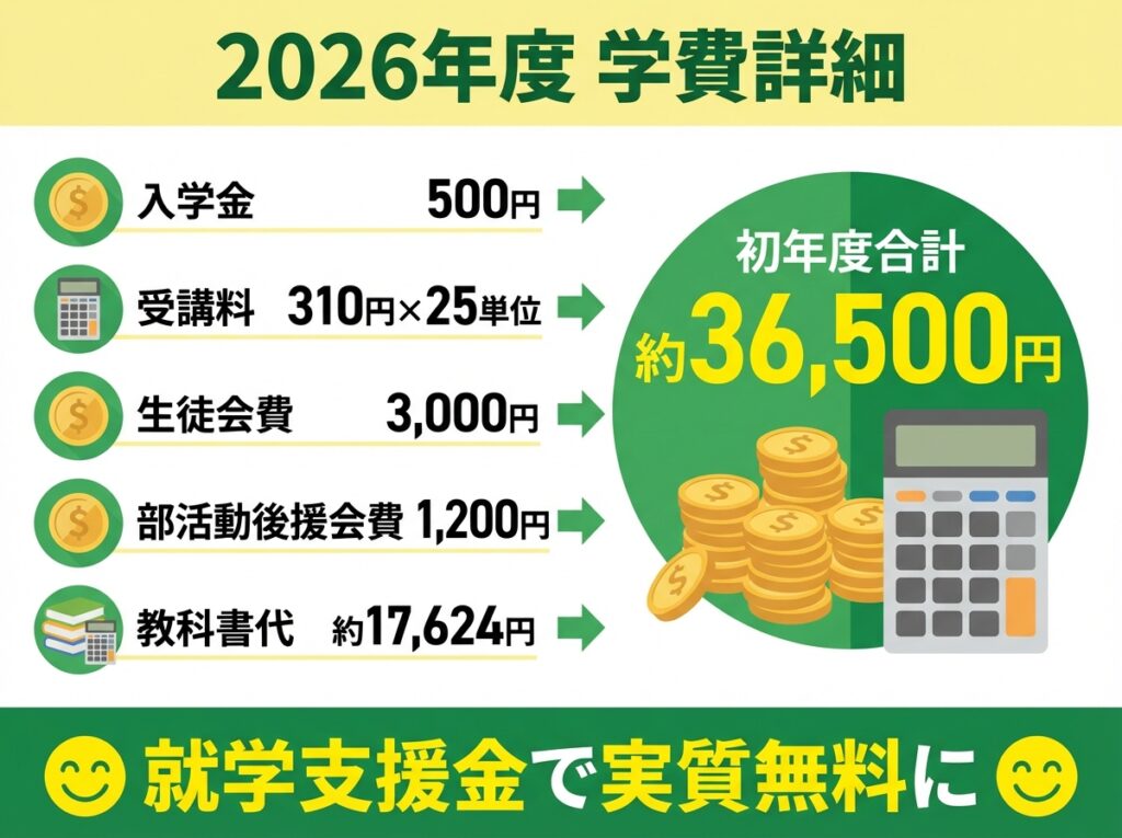 2026年度岐阜県立飛騨高山高等学校通信制の学費詳細。入学金、受講料、諸費用の内訳と初年度合計約36,500円を明示。就学支援金適用で実質無料になる旨を記載