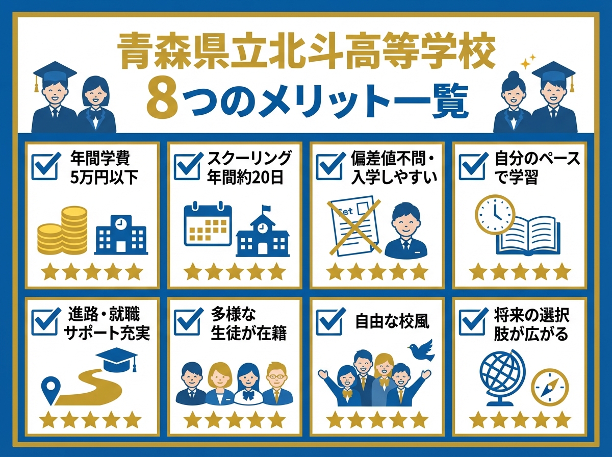 alt文: 青森県立北斗高等学校の就職実績インフォグラフィック。製造業、サービス業、建設業、小売業、事務職など業界別就職先を円グラフとアイコンで表示

