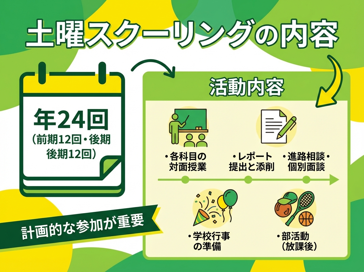 土曜スクーリングの内容を示すインフォグラフィック。年24回(前期12回・後期12回)の活動内容として、各科目の対面授業、レポート提出と添削、進路相談・個別面談、学校行事の準備、部活動(放課後)があり、計画的な参加が重要という情報がグリーンとイエローのカラーで表示されている