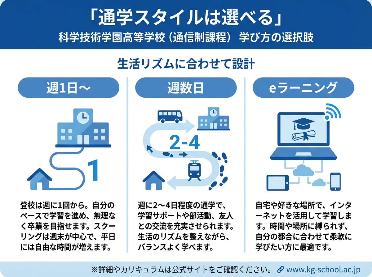 科学技術学園高等学校(通信制課程)の学び方として、週1日〜、週数日、eラーニングの選択肢を3カラムで比較した青系フラットインフォグラフィック