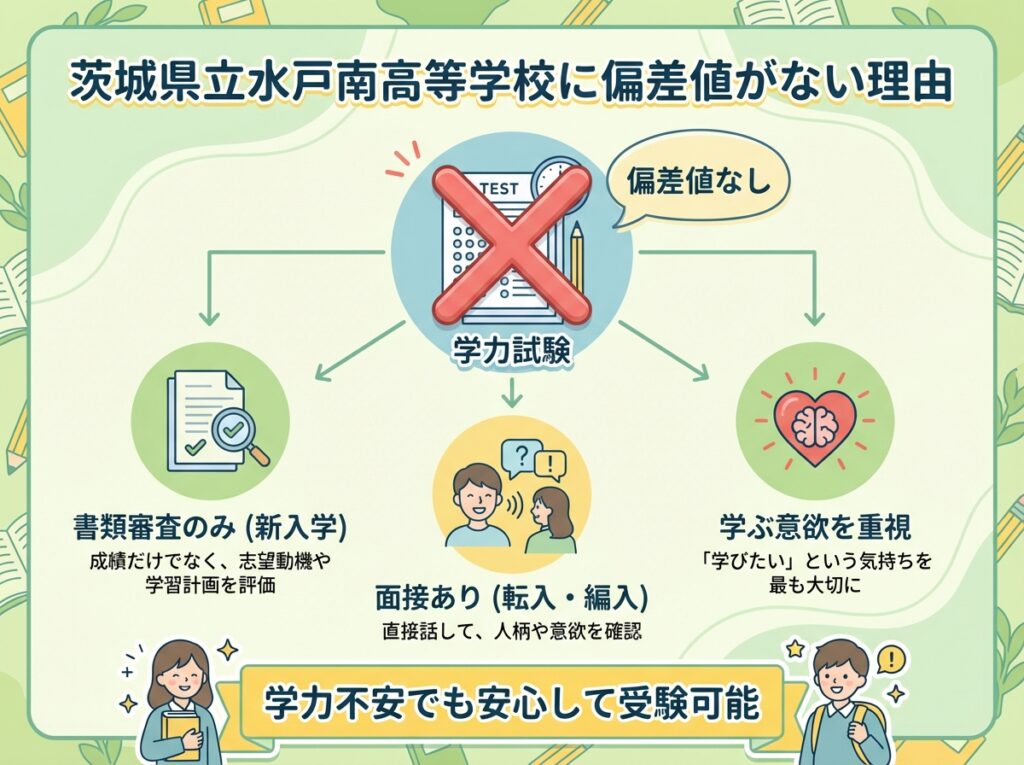 alt文: 茨城県立水戸南高等学校に偏差値がない理由を説明するインフォグラフィック。学力試験なし、書類審査のみ（新入学）、面接あり（転入・編入）、学ぶ意欲を重視、学力不安でも安心して受験可能の要点を図解


