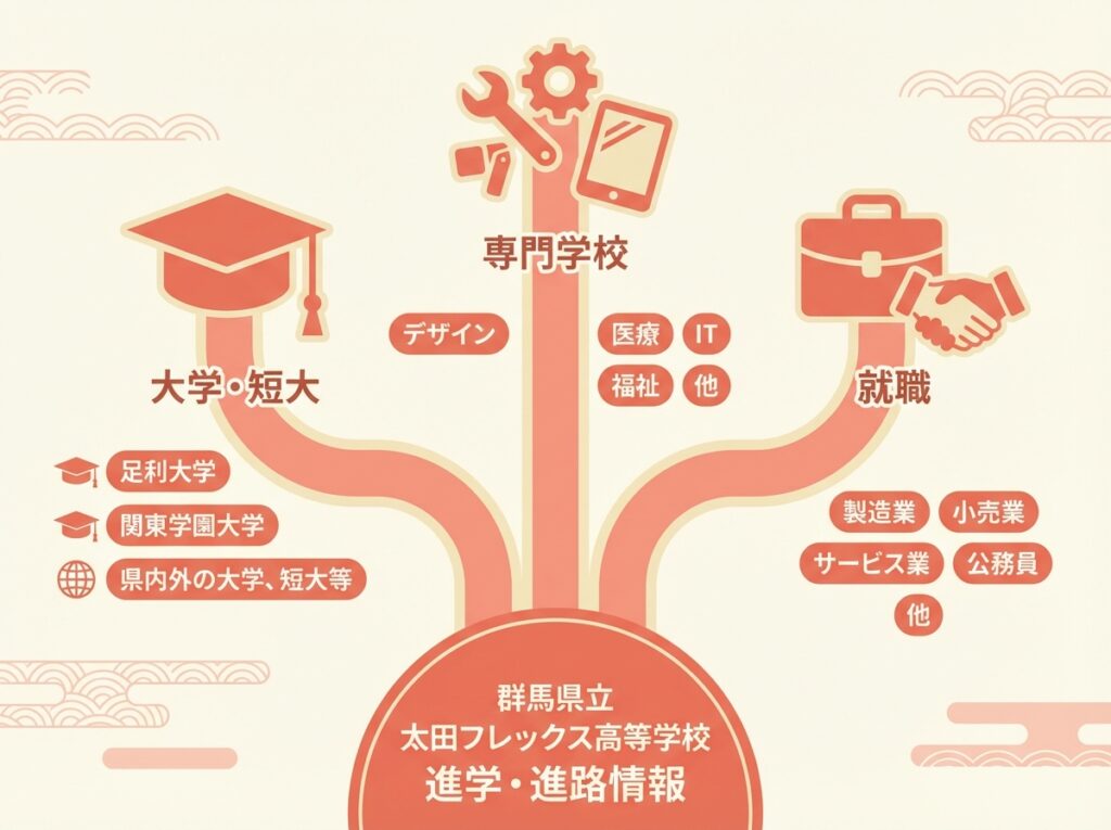 馬県立太田フレックス高等学校の進路選択肢を示すツリー式インフォグラフィック。大学・短大、専門学校、就職の3つの進路と、各分野の具体的な進学先や就職先の例を枝分かれする図で表現