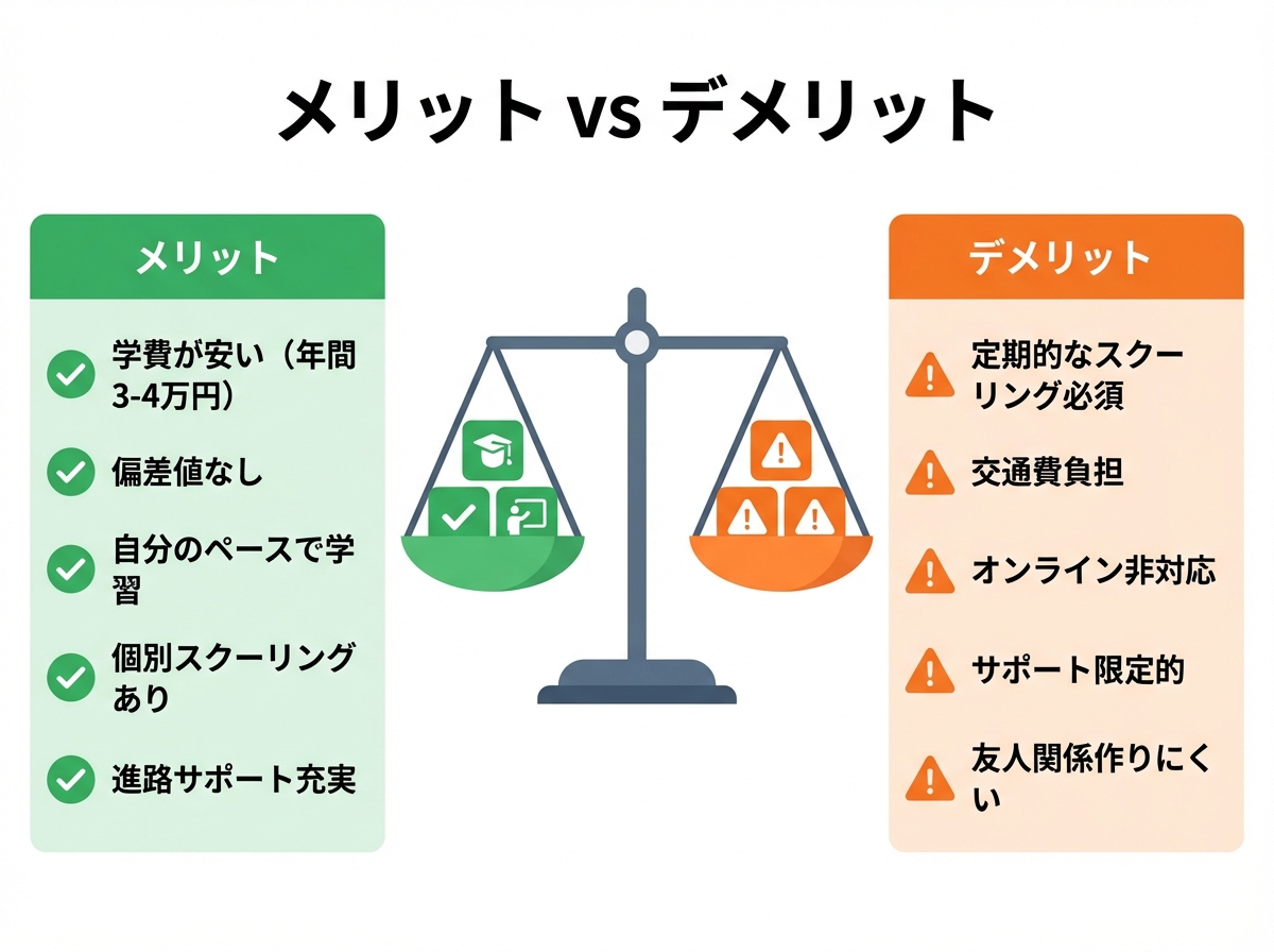 宮城県美田園高等学校のメリットとデメリットを天秤で比較。メリット(学費が安い、偏差値なし、自分のペースで学習、個別スクーリングあり、進路サポート充実)とデメリット(定期的なスクーリング必須、交通費負担、オンライン非対応など)