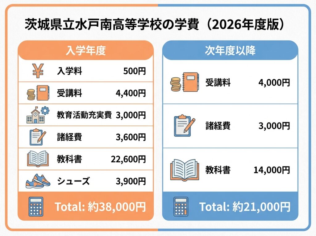 茨城県立水戸南高等学校の学費詳細（2026年度版）。入学年度は約38,000円（入学料500円、受講料4,400円、教育活動充実費3,000円、諸経費3,600円、教科書22,600円、シューズ3,900円）、次年度以降は約21,000円（受講料4,000円、諸経費3,000円、教科書14,000円）の内訳を比較

