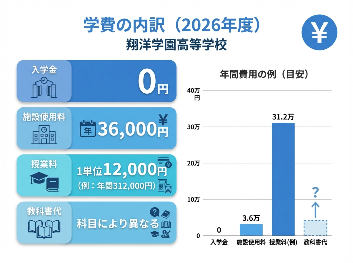 翔洋学園高等学校の2026年度学費内訳（入学金0円、施設使用料年36,000円、授業料1単位12,000円の例、教科書代は科目により異なる）をカード型でまとめた青系インフォグラフィック