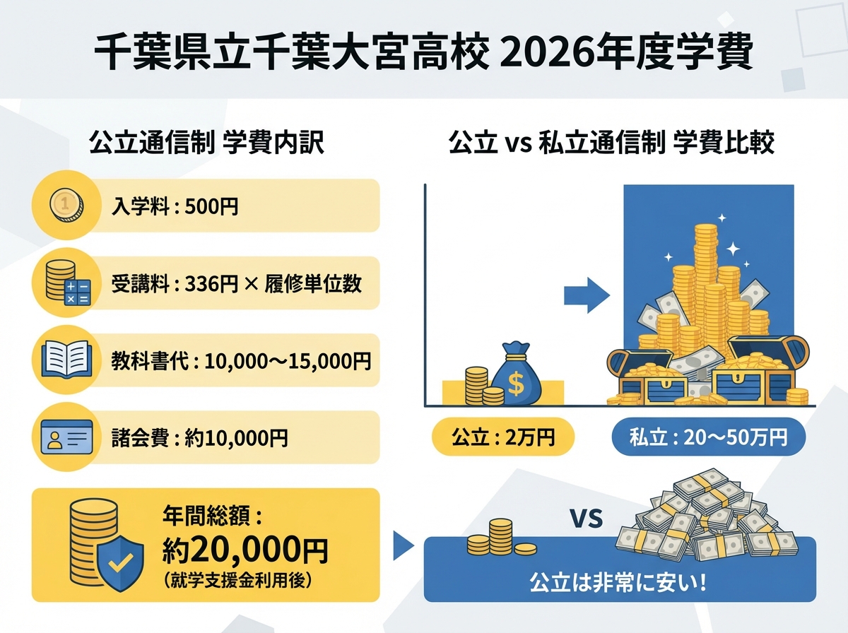 葉県立千葉大宮高校の2026年度学費インフォグラフィック。入学料500円、年間総額約2万円の公立通信制と、年間20～50万円の私立通信制を比較。黄色とブルーの配色で学費内訳を視覚化