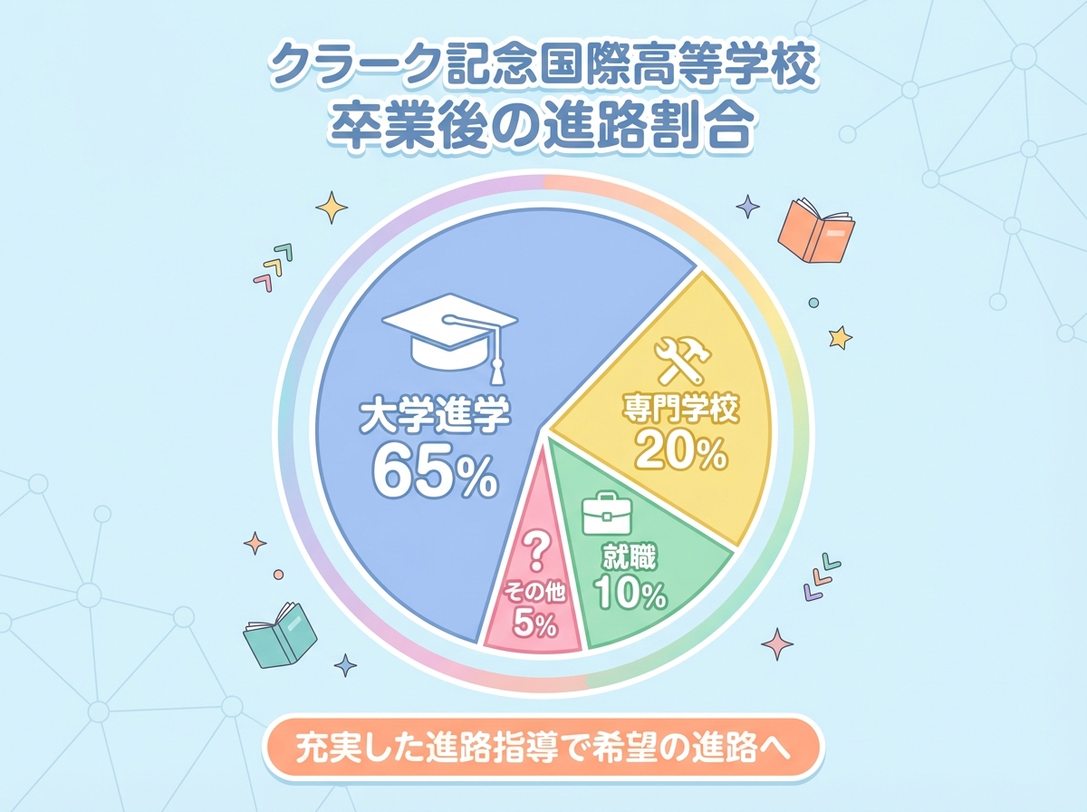 クラーク記念国際高等学校卒業後の進路割合を示すインフォグラフィック。大学進学65%、専門学校20%、就職10%、その他5%の分布を円グラフで視覚化