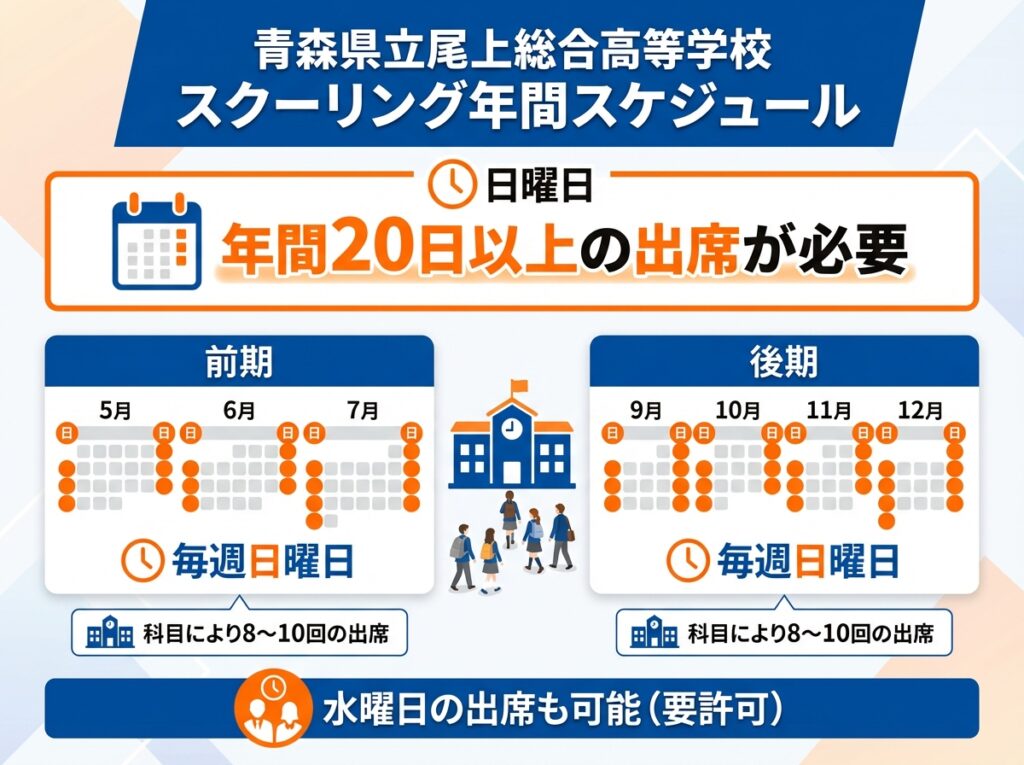 青森県立尾上総合高等学校通信制のスクーリング年間スケジュールを示すインフォグラフィック。前期5月～7月、後期9月～12月の毎週日曜日に実施。年間20日以上の出席が必要で、水曜日の出席も可能(要許可)。科目により8～10回の出席が求められることを図解。
