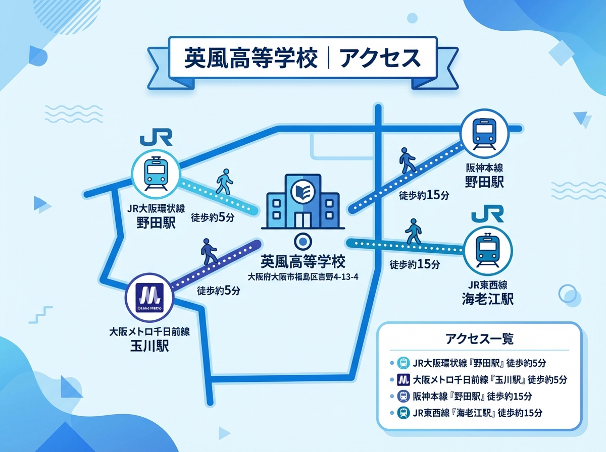 英風高等学校へのアクセスを地図風レイアウトで整理。JR大阪環状線「野田駅」徒歩約5分、大阪メトロ千日前線「玉川駅」徒歩約5分、阪神本線「野田駅」徒歩約15分、JR東西線「海老江駅」徒歩約15分、住所(大阪府大阪市福島区吉野4-13-4)を併記