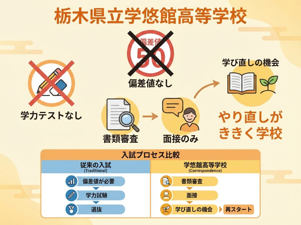 栃木県立学悠館高等学校に偏差値がない理由を説明するインフォグラフィック。学力テストなし、書類審査と面接のみ、学び直しの機会、やり直しがきく学校という特徴を、従来の入試との比較で図解