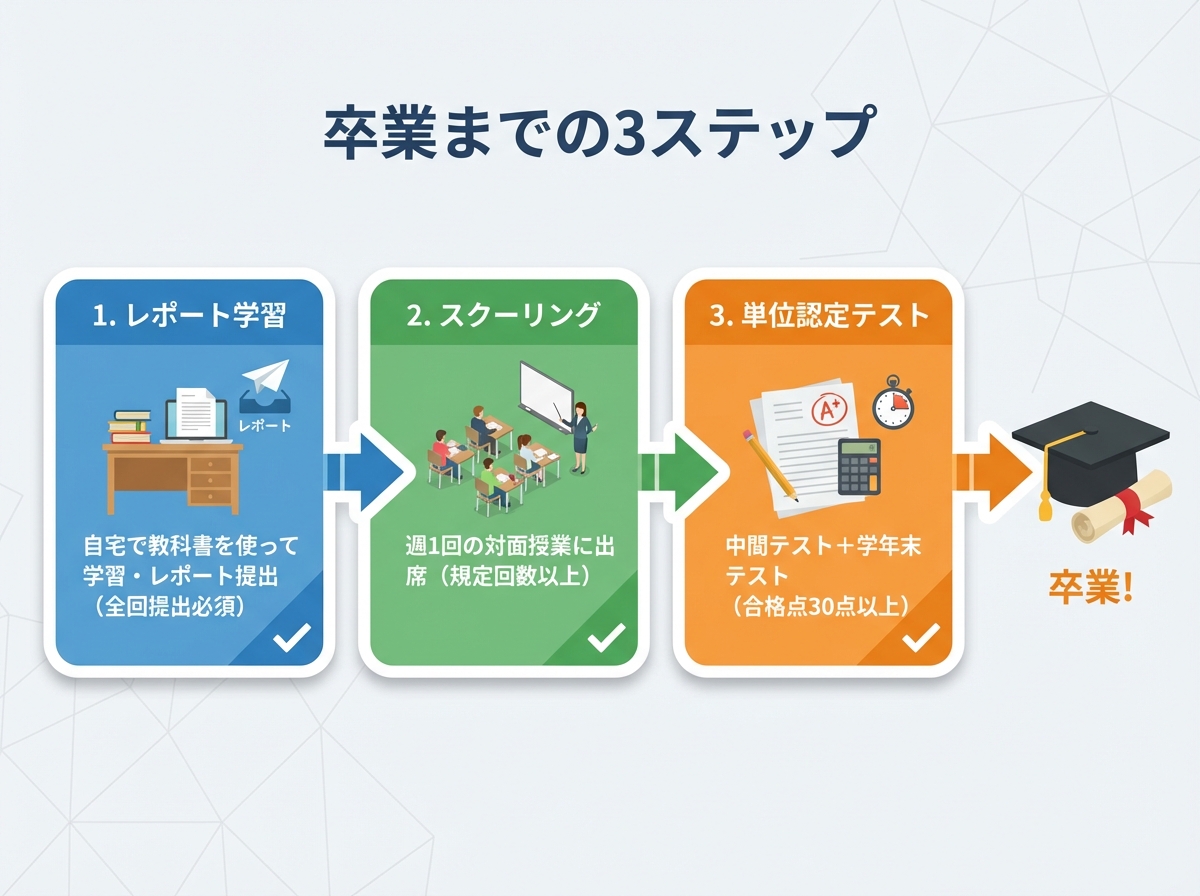 埼玉県立大宮中央高等学校の卒業までの流れを3ステップで示すインフォグラフィック。レポート学習、スクーリング、単位認定テストの3段階が矢印で繋がれ、各ステップの条件が詳しく記載されている。青・緑・オレンジの段階的配色。