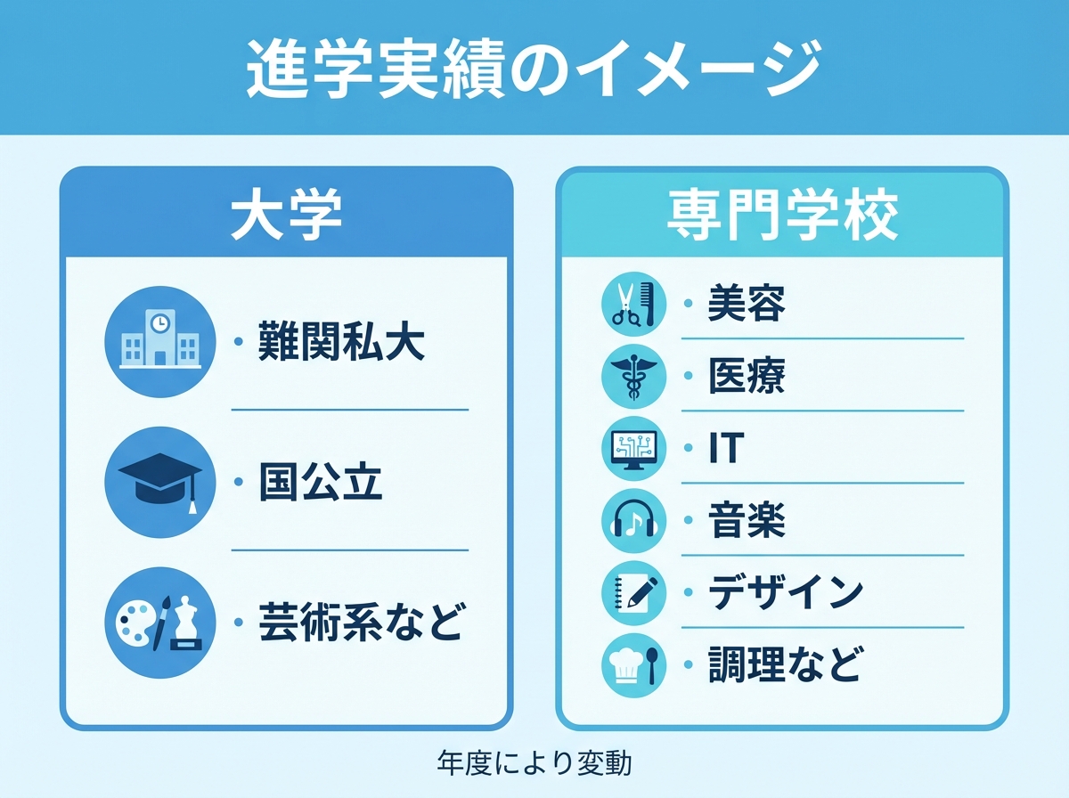 大学と専門学校への進学先ジャンル(難関私大・国公立・芸術系、美容・医療・ITなど)を2分類でまとめた進学実績イメージ図