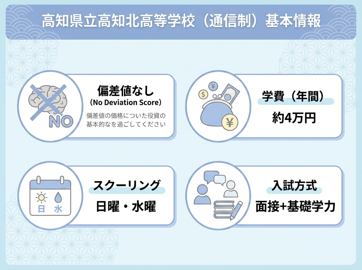 高知県立高知北高等学校(通信制)の基本情報を示すインフォグラフィック。偏差値なし、学費年間約4万円、スクーリングは日曜・水曜、入試方式は面接と基礎学力確認の4つのポイントをアイコンで表示