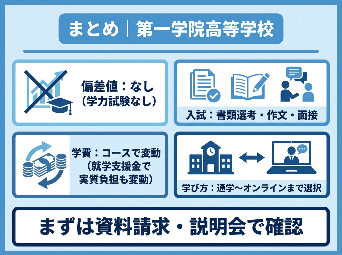 第一学院高等学校の要点として「偏差値なし（学力試験なし）」「入試は書類選考・作文・面接」「学費はコースで変動（就学支援金で実質負担も変動）」「学び方は通学〜オンラインまで選択」をまとめ、最後に「まずは資料請求・説明会で確認」と促す青系インフォグラフィック