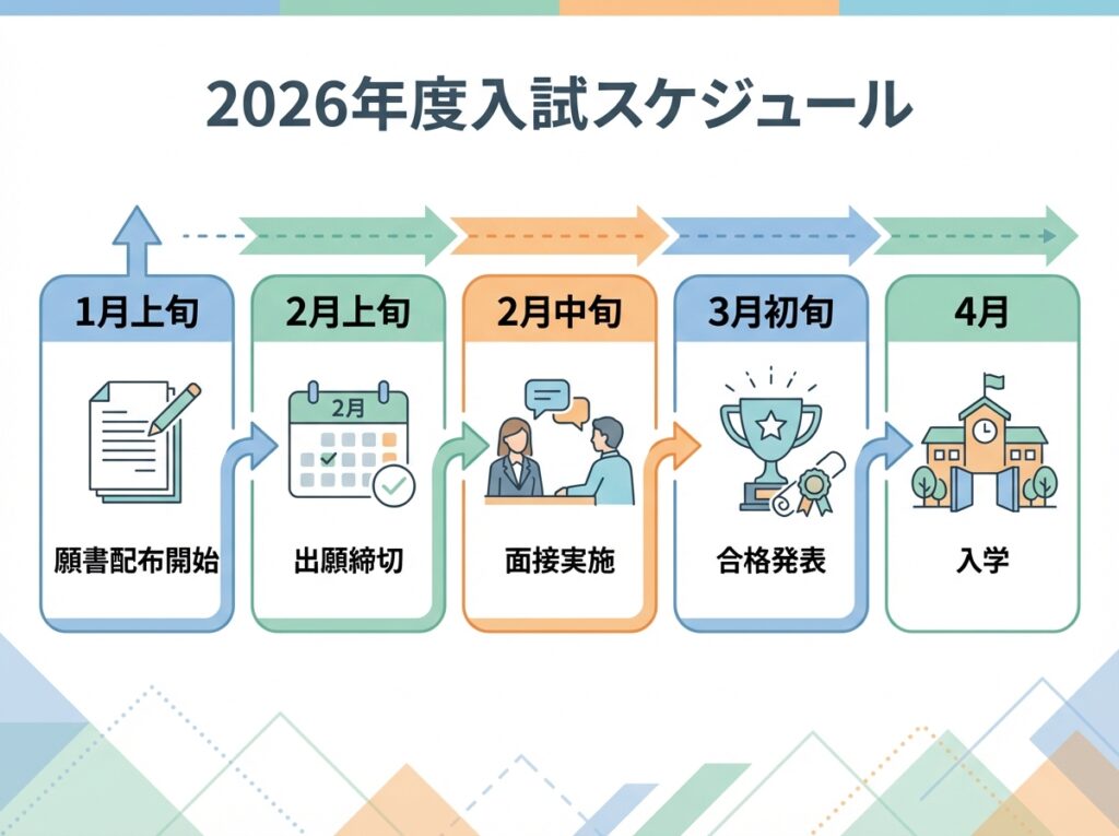 兵庫県立青雲高等学校の2026年度入試スケジュールを示すタイムライン。1月上旬の願書配布から4月の入学までの流れを表示