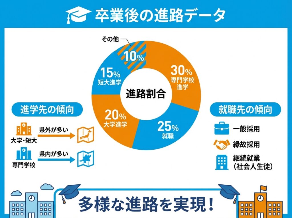 新潟県立新潟翠江高等学校卒業後の進路データを円グラフで表示。大学進学20%、短大進学15%、専門学校進学30%、就職25%、その他10%。進学先と就職先の傾向も記載し、多様な進路を実現できることを強調