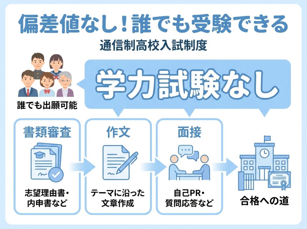 Alt文章: 岩手県立宮古高等学校通信制課程の入試は偏差値なし。書類審査・作文・面接の3つで選考。学力試験がないため誰でも受験可能なことを示すインフォグラフィック。

