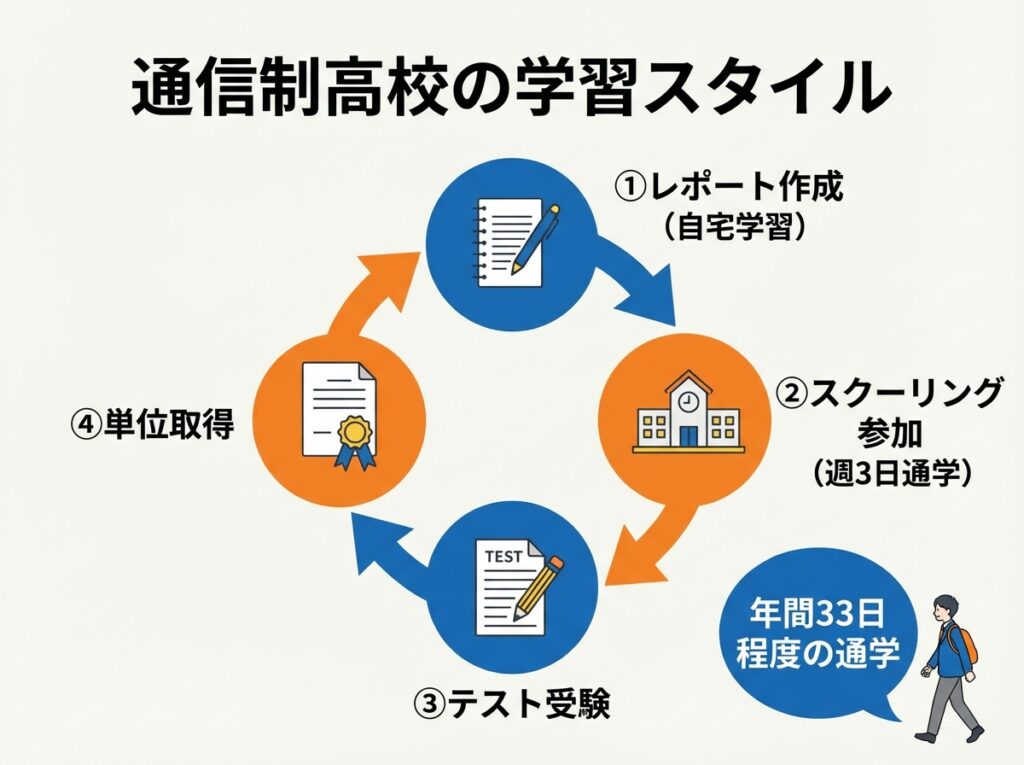 通信制高校の学習スタイルを循環図で解説。①レポート作成(自宅学習)→②スクーリング参加(週3日通学)→③テスト受験→④単位取得の流れ。年間33日程度の通学が必要