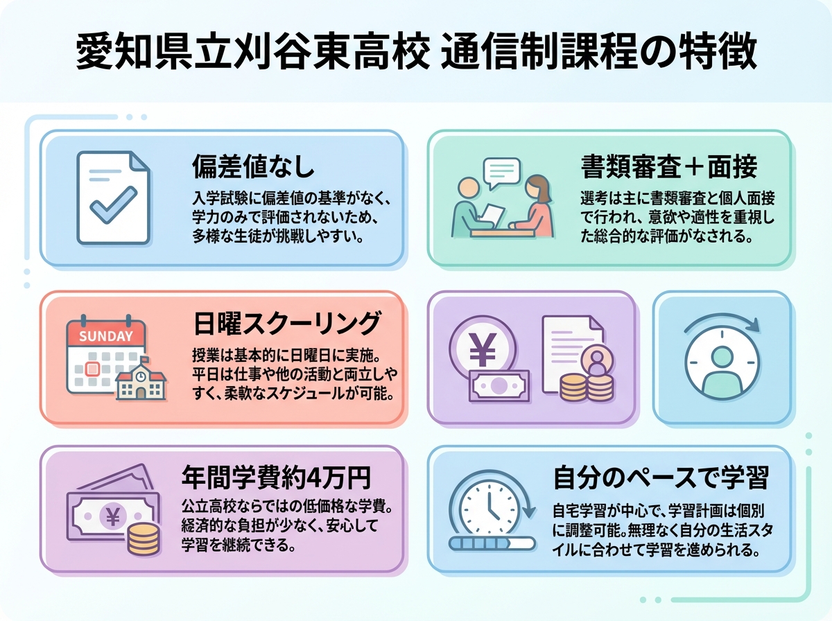 愛知県立刈谷東高校通信制課程の5つの特徴を示すインフォグラフィック。偏差値なし、書類審査と面接での選考、日曜スクーリング、年間学費約4万円、自分のペースで学習できることを視覚的に説明。