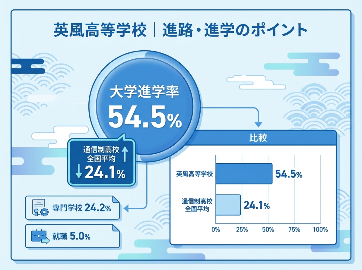 英風高等学校の進路実績の要点を青系の棒グラフと数値で図解。大学進学率54.5%と通信制高校全国平均24.1%の比較、専門学校24.2%、就職5.0%の補足付き