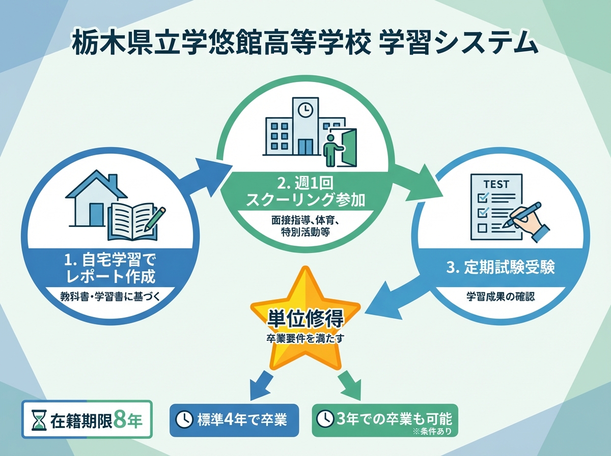栃木県立学悠館高等学校の学習システムを示す循環型インフォグラフィック。自宅学習でレポート作成→週1回スクーリング参加→定期試験受験→単位修得の流れ。標準4年で卒業、3年での卒業も可能、在籍期限8年を表示