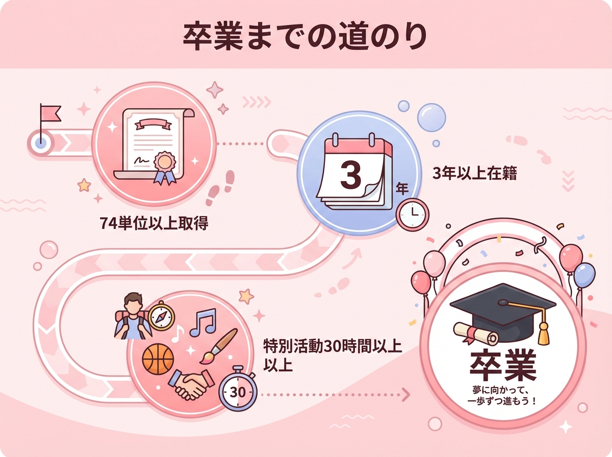北海道有朋高等学校の卒業要件を示すインフォグラフィック。74単位以上取得、3年以上在籍、特別活動30時間以上参加という3つの条件をロードマップ形式で表現したフラットデザイン図