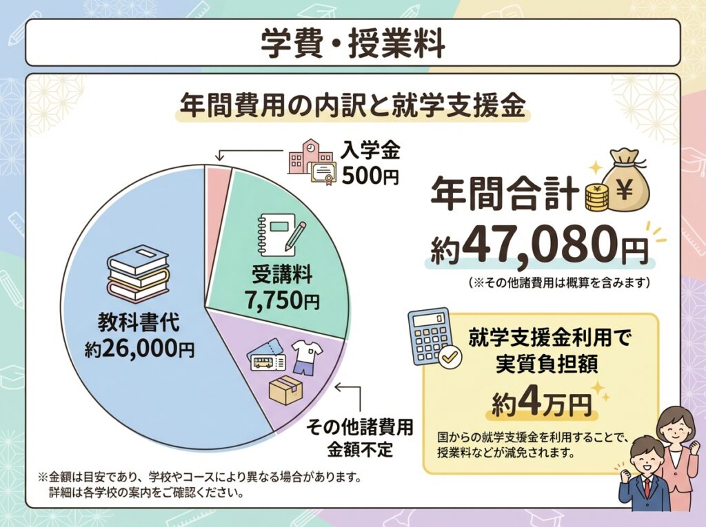 岐阜県立華陽フロンティア高等学校の学費内訳を示すインフォグラフィック。入学金500円、受講料7,750円、教科書代約26,000円、その他諸費用が円グラフで表示され、年間合計約47,080円、就学支援金利用で実質4万円と強調されている