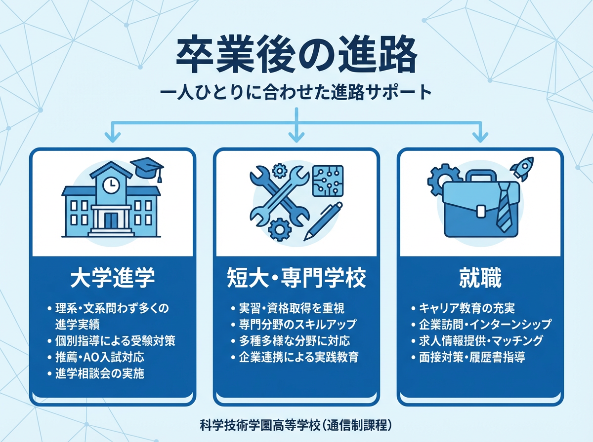 科学技術学園高等学校(通信制課程)の卒業後の進路として、大学進学・短大/専門学校・就職の3分類を大きく示した青系フラットインフォグラフィック