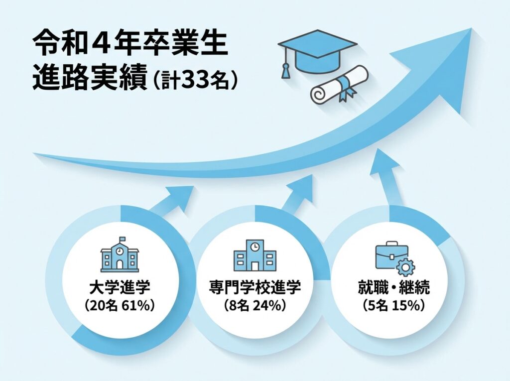 香川県立高松高等学校通信制の進路実績を示すインフォグラフィック。大学進学、専門学校進学、就職継続の割合を視覚化