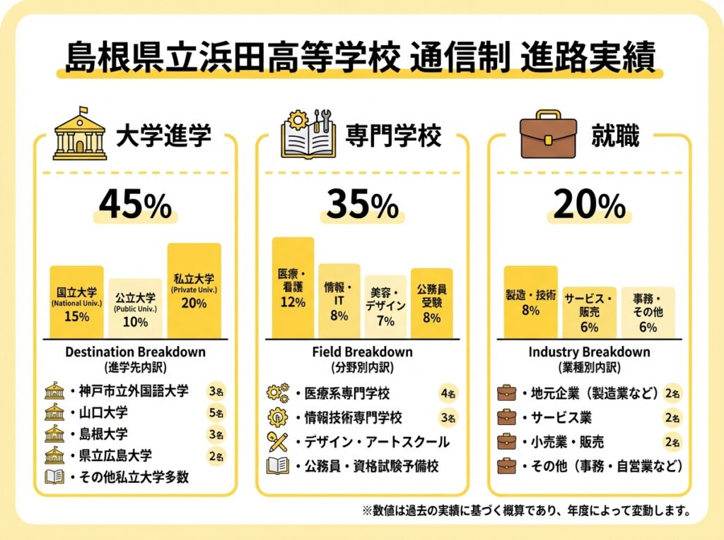 島根県立浜田高等学校通信制の進路実績を示すインフォグラフィック。大学進学、専門学校、就職の割合が棒グラフで表示され、神戸市立外国語大学、山口大学など具体的な進学先が列挙されている。黄色と白の配色で大学の建物やカバンのアイコン付き。