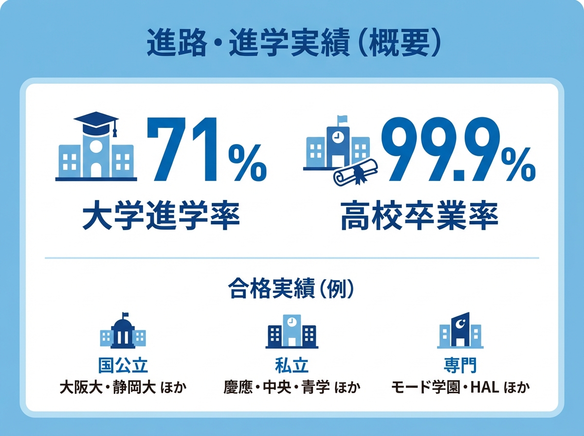 大学進学率71％・高校卒業率99.9％と、国公立・私立・専門の合格実績例をまとめた青系フラットデザインの実績サマリー図