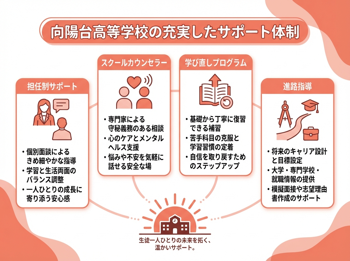 向陽台高等学校の充実したサポート体制を説明するインフォグラフィック。担任制サポート、スクールカウンセラー、学び直しプログラム、進路指導の4つの支援を図解