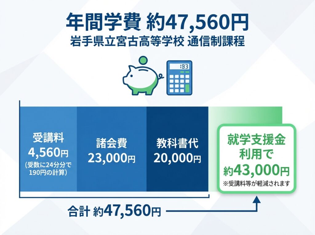 Alt文章: 岩手県立宮古高等学校通信制課程の年間学費内訳。受講料4,560円・諸会費23,000円・教科書代20,000円で合計約47,560円。就学支援金利用で約43,000円になることを示す円グラフ付きインフォグラフィック。


