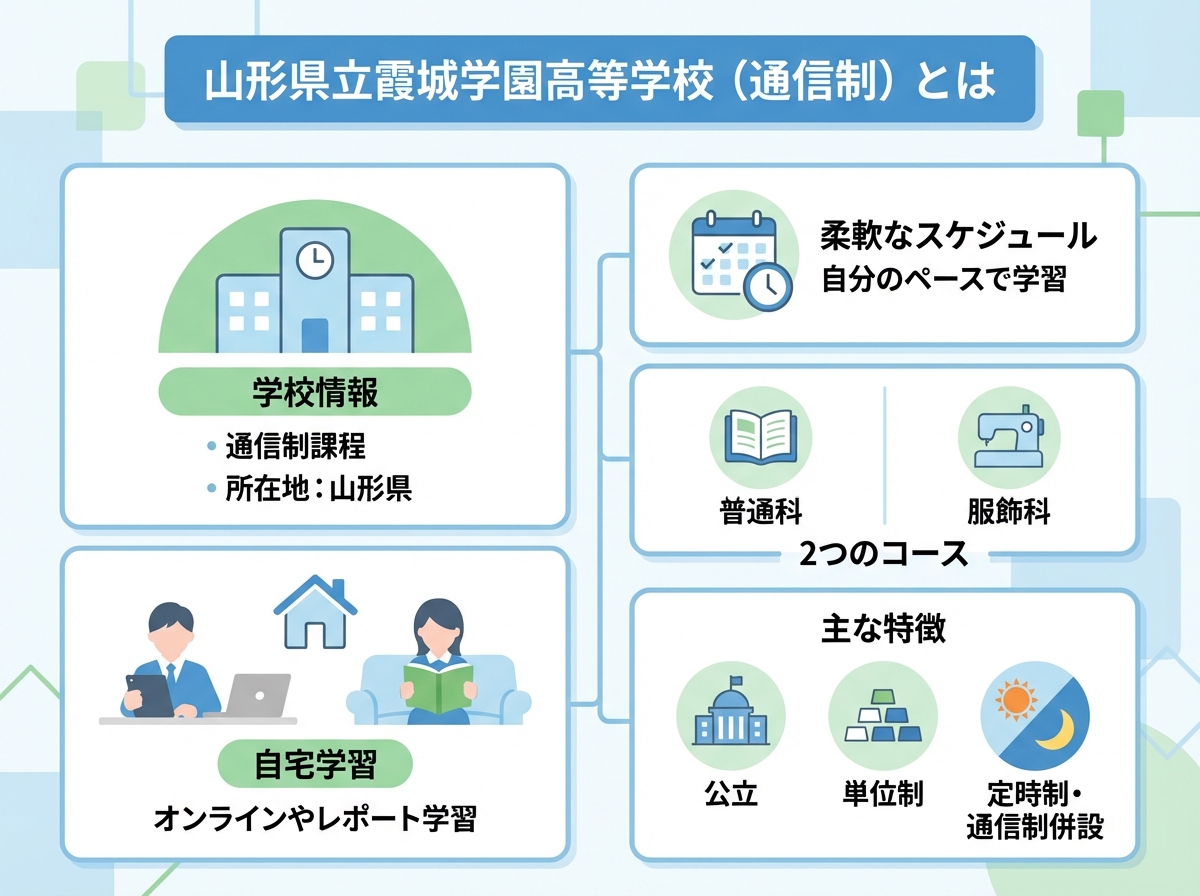 山形県立霞城学園高等学校通信制課程の概要を示すインフォグラフィック。公立・単位制・定時制と通信制併設の特徴、普通科と服飾科の2コース、自宅学習と柔軟なスケジュールのアイコンが配置されたフラットデザイン